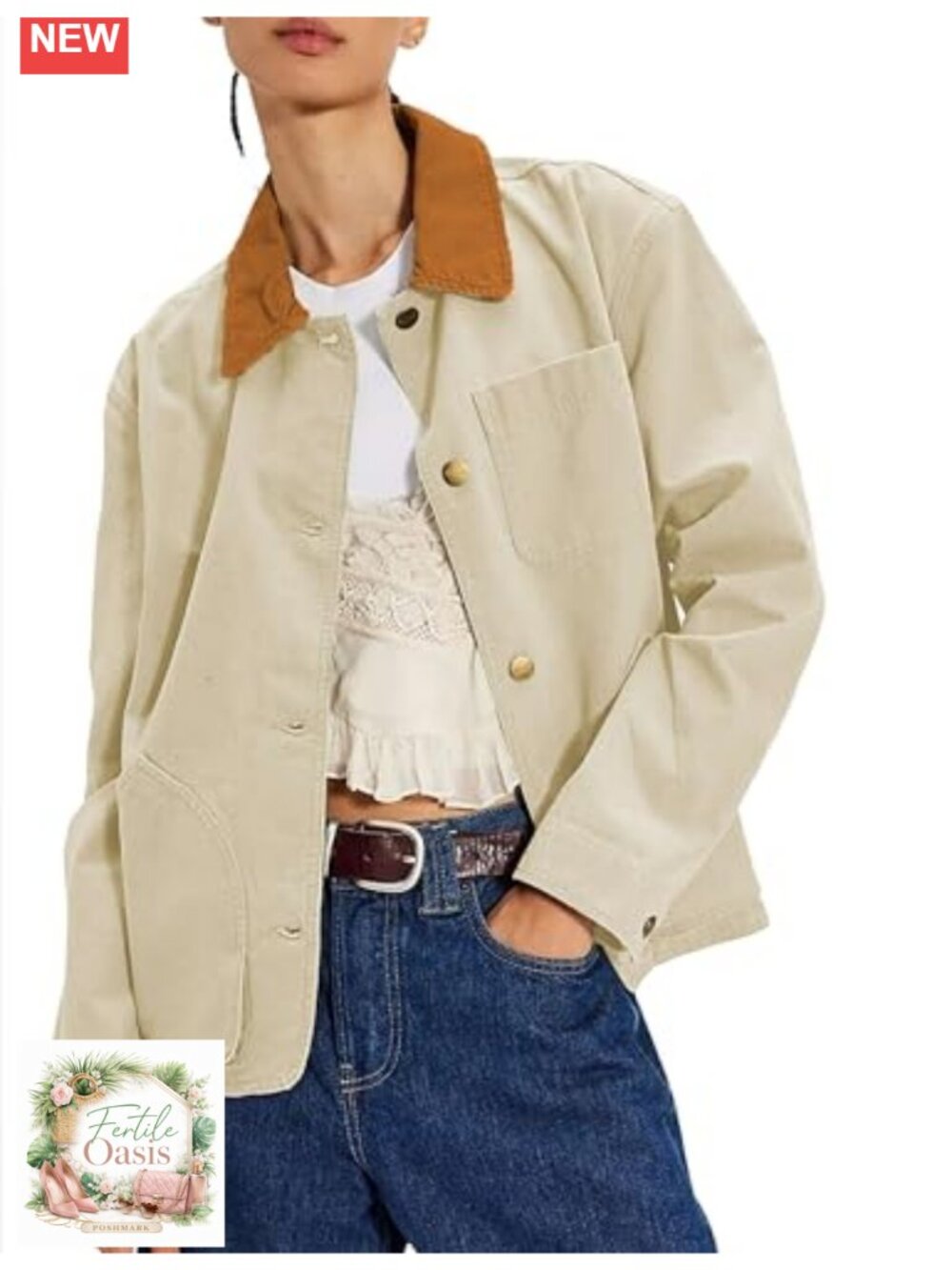 Cropped Field Jacket Contrast Collar Button Utility Coat with Pockets